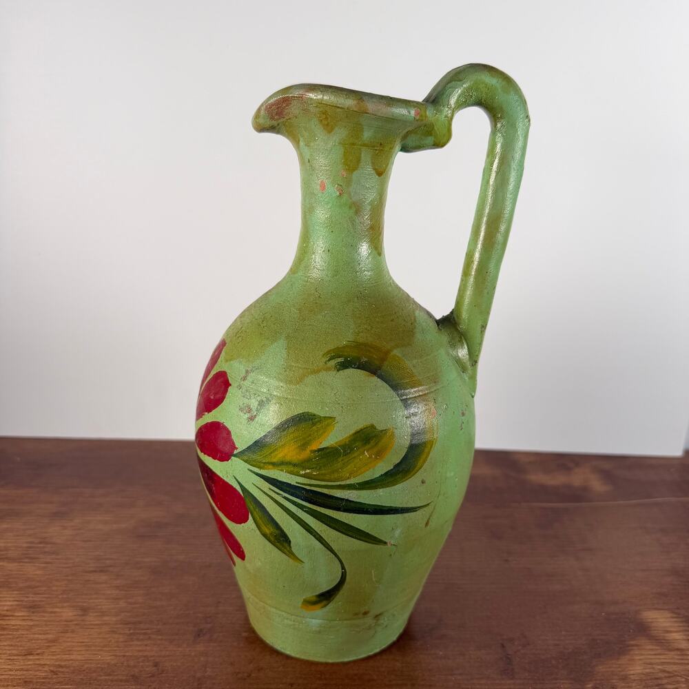Vintage Italian Pottery Pitcher Hand Painted Green Floral Ceramic Jug 11.5"